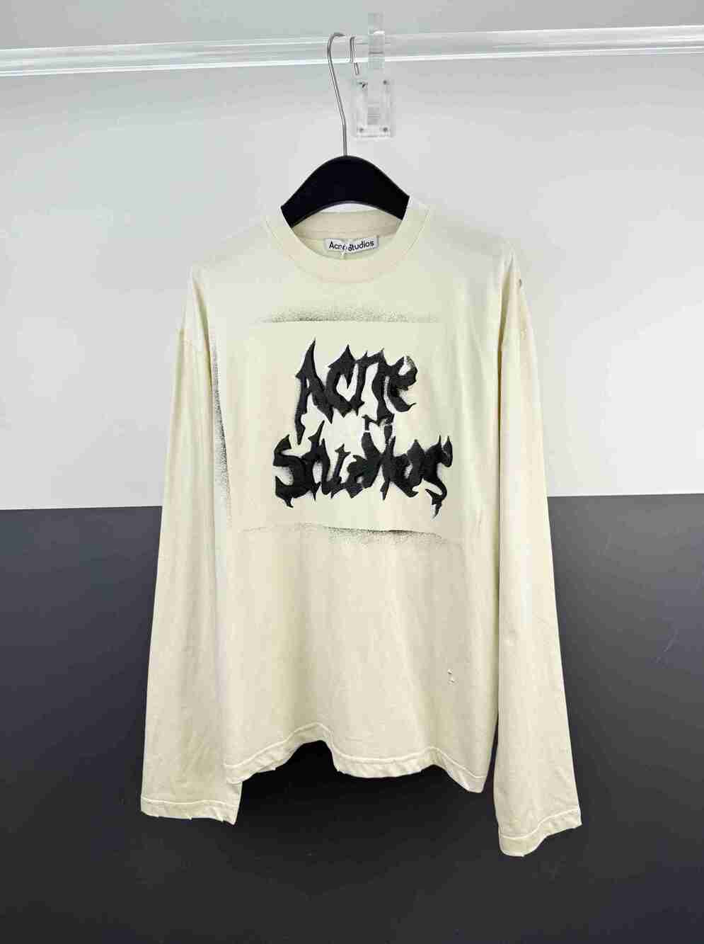 Acne Studios Off White Distressed Metal Logo Long Sleeve Tee